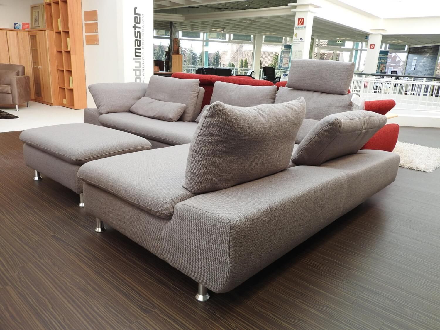 Ecksofa Diva Stoff Beige Hellgrau mit Hocker und