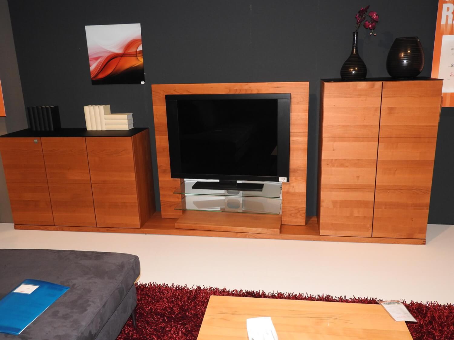 Wohnwand Cubus Kirschbaum Massiv Farbglas Schwarz | NEU | MöbelFirst